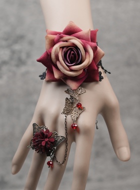 原创设计DIY森系洛丽塔蕾丝植绒玫瑰花朵蝴蝶水晶舞台表演手链