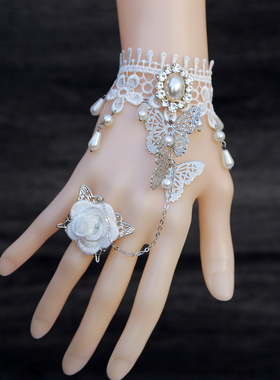 复古蝴蝶宫廷洛丽塔哥特白色蕾丝饰品手链戒指暗黑一体花朵配饰