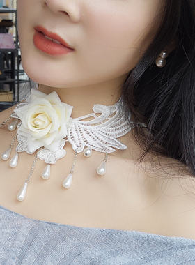 新款原创设计奢华玫瑰晚会新娘欧美短款颈链蕾丝锁骨项链
