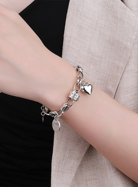 YES 立体S925纯银手链复古做旧泰银拼接粗链爱心英文筒珠潮流手链