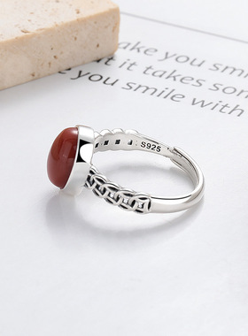 YES  S925银复古做旧五帝铜钱币椭圆南红玛瑙石宫廷风开口戒指