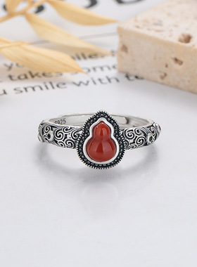 YES S925纯银祥云葫芦南红戒指时尚做旧亮面哑光指环食指戒气质