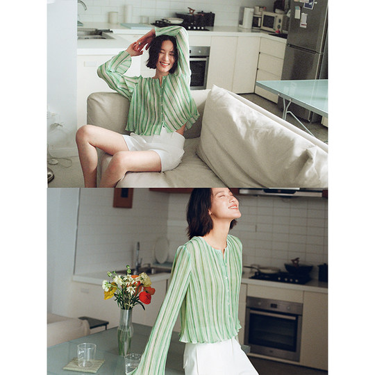 Even Vintage| Compression pleated process vertical strip texture spring and summer fashionable sun protection versatile long-sleeved chiffon top