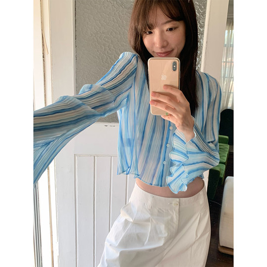 Even Vintage| Compression pleated process vertical strip texture spring and summer fashionable sun protection versatile long-sleeved chiffon top