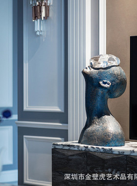 粗犷树脂人物胸像摆件雨滴落地人物雕塑现代抽象台面肌理艺术品