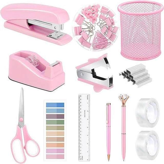 Popular products direct supply multi-function pink desktop storage rack stapler tape holder scissors nail lifter stationery set