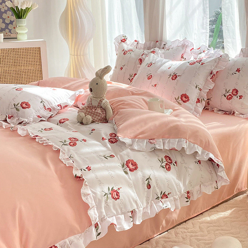 韩式双层纱纯棉床裙款四件套全棉床单被套罩床笠学生宿舍3三件套4,淘宝优惠券,粉丝福利购,淘宝优惠卷