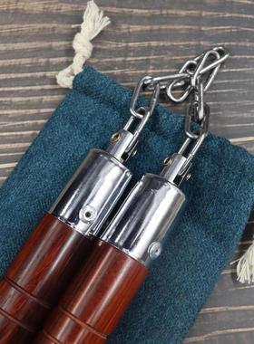 紫檀木双节棍雕刻练习武术棍子功夫表演训练防身棍钢链实木双截棍