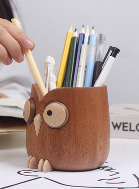 猫头鹰笔筒木制化妆刷收纳笔座桶桌面摆件书桌笔架办公室文具笔盒