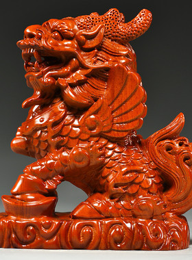 热销木制木雕麒麟摆件一对花梨家用办公室客厅卧室装饰工艺品开业