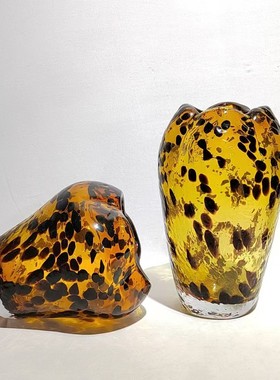 热销现代高插花豹纹琥珀色琉璃插花花瓶摆件家居样板房软装饰品桌