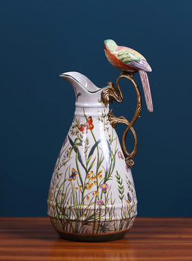 美式乡村小鸟装饰陶瓷镶铜花瓶家居客厅茶几餐桌装饰壶软装摆件