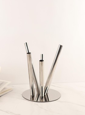 热销现代简约型银色v不锈钢多管插花花瓶摆件卧室玄关酒店家居装