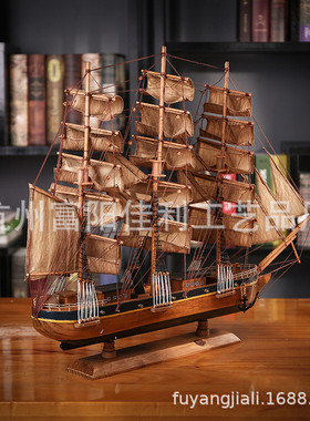 热销松木帆船景区工艺品摆件办公室摆件家居批发欧式风格饰品70公