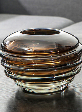 家居饰品现代极简意欧式高档别墅客厅花器琥珀色艺术玻璃桌面摆件