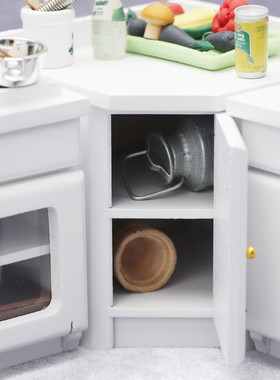 热销1:12娃娃屋dollhouse迷你家具四件套场景白色厨房橱柜家具微