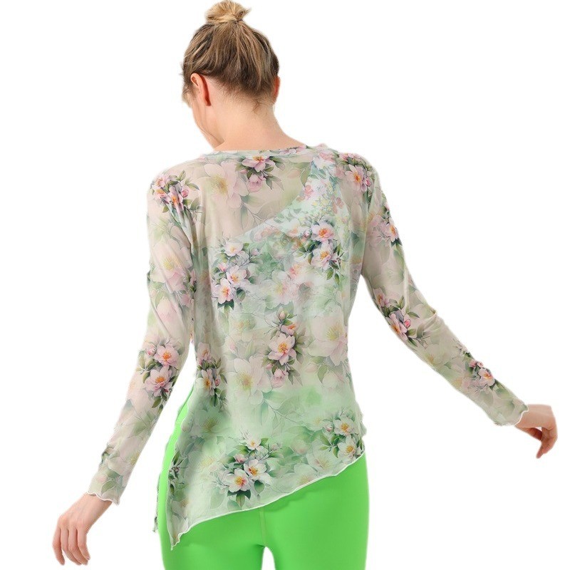 新款运动网纱上衣瑜伽服防晒显瘦速干罩衫健身衣长袖复古扎染透气 - 图0