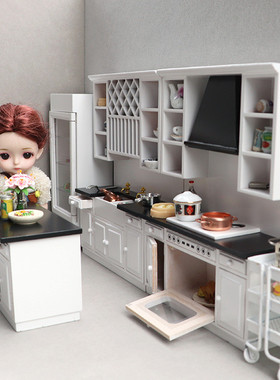 热销1：12娃娃屋迷你家具厨房套装3件套大厨房微缩模型木质厨房