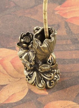 黄铜荷花鲤鱼香插摆件实心创意小金鱼荷叶莲花池塘意境茶宠铜香插