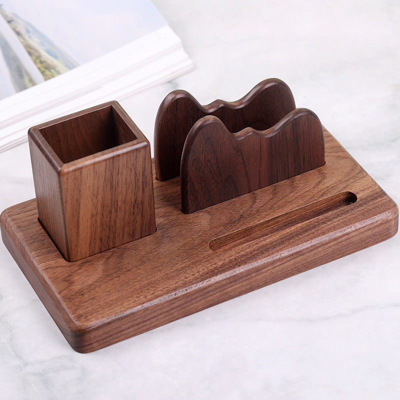 黑胡桃实木质笔筒收纳盒办公室书房桌面摆件刻字LOO支架名片盒,淘宝优惠券,粉丝福利购,淘宝优惠卷