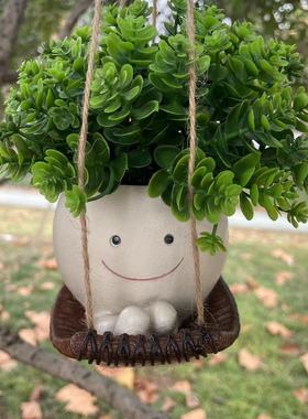 阳台花园庭院创意吊篮笑脸绿植多肉花盆摇床挂件树脂装饰品