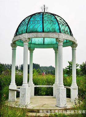 热销户外石雕凉亭大理石圆顶铁艺小亭子欧式罗马柱凉亭石雕