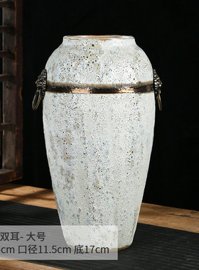 景德镇双耳化羽陶瓷花瓶白泡土陶罐居家仿古餐馆卧室摆件书房