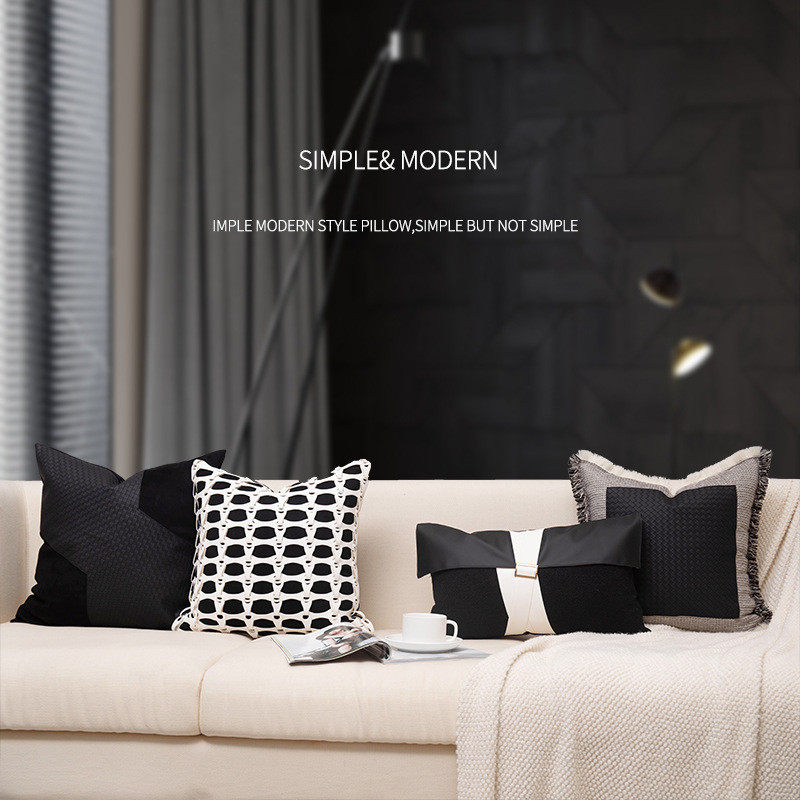 约家用客厅沙发抱枕黑白色手工编织皮革贴布靠垫腰枕套,淘宝优惠券,粉丝福利购,淘宝优惠卷