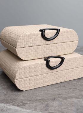 热销现代简约编织皮革收纳盒摆件样板房电视柜卧室家居首饰盒软装