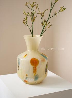 手工可北欧设计高级彩色琉璃奶黄色大口径欣中古风花瓶花器摆件