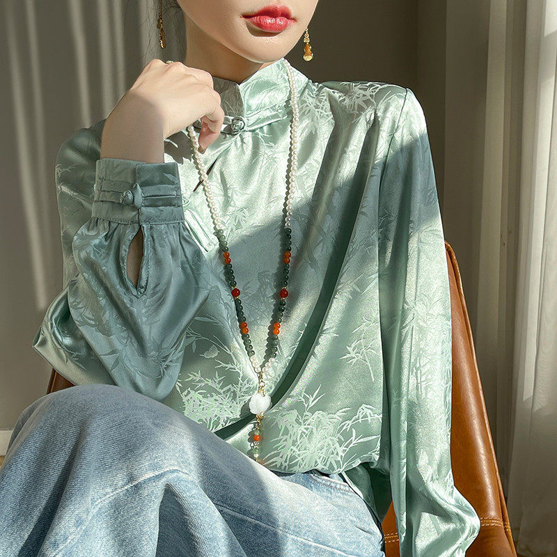 新中式国风缎面衬衫女提花盘扣时尚百搭宽松气质打底,淘宝优惠券,粉丝福利购,淘宝优惠卷