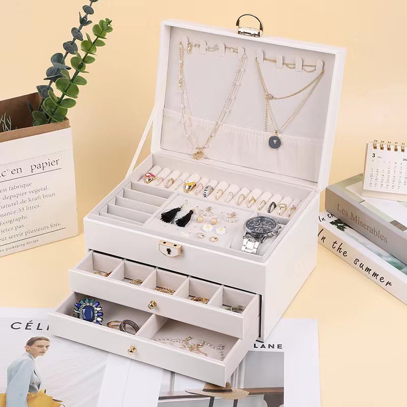 三层带锁珠宝保管戒指盒大容量首饰盒多格存储家居整理盒收纳 - 图2