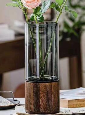 北欧ins创意玻璃花瓶圆木底座客厅餐桌水养鲜花插花装饰摆件批发