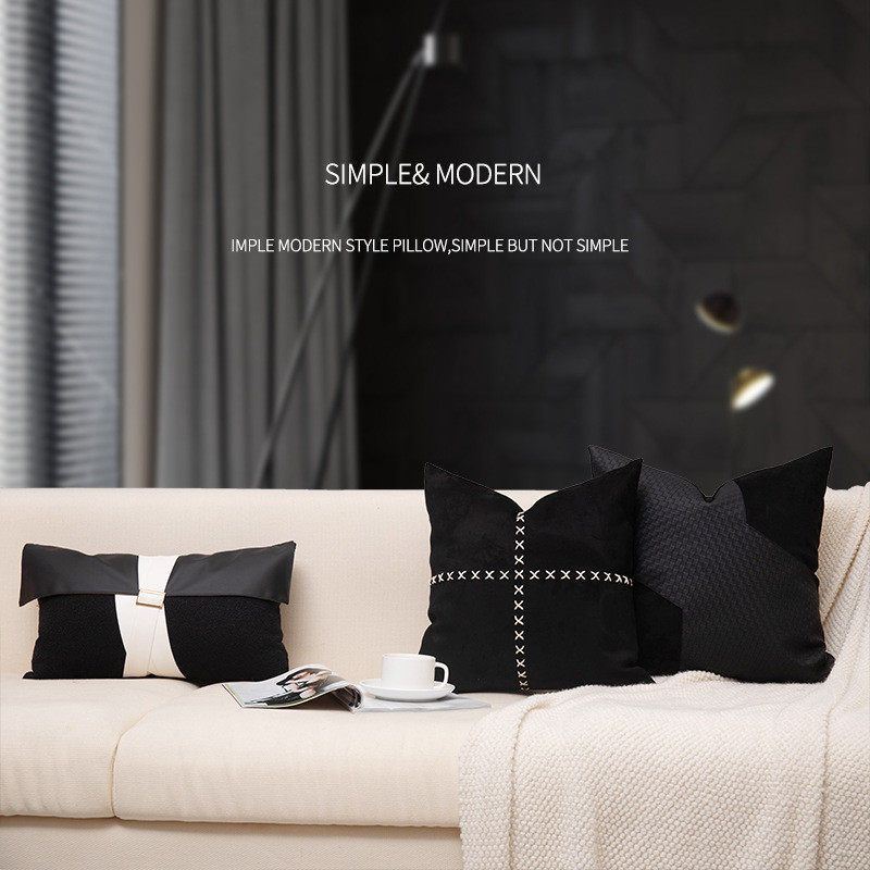 约家用客厅沙发抱枕黑白色手工编织皮革贴布靠垫腰枕套,淘宝优惠券,粉丝福利购,淘宝优惠卷