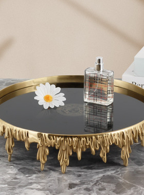 黄铜托盘客厅茶几餐桌收纳盘茶杯高档复古轻奢钢化玻璃盘