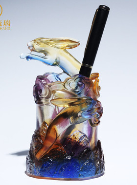 企业玉兔笔筒摆件办公室工艺品公司琉璃商务活动礼品创意客厅装饰