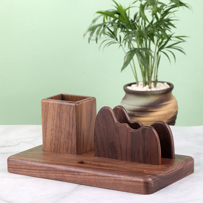 黑胡桃实木质笔筒收纳盒办公室书房桌面摆件刻字LOO支架名片盒,淘宝优惠券,粉丝福利购,淘宝优惠卷