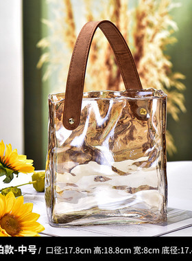 美式轻奢创意皮革手提花瓶玻璃水养插花玫瑰百合客厅餐桌装饰摆件