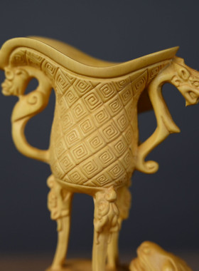 黄杨木瑞兽酒杯摆件 木雕器皿家居古典摆饰中式办公木质工艺品