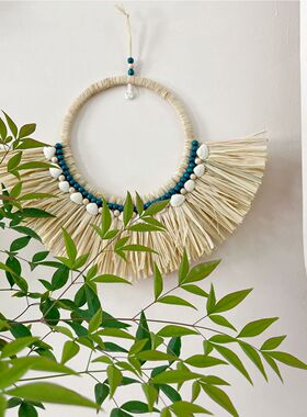 ins摩洛哥墙饰编木珠草编镜子客厅沙发背景墙玄关床头手民宿挂饰