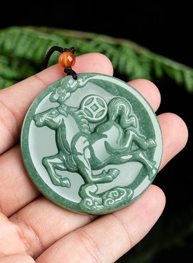 天然A货翡翠豆种生肖马吊坠马牌冰种玉石挂件玉佩男女款玉器