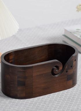 复古色实木椭圆形毛线碗家用毛线收纳碗带孔家收纳用工具