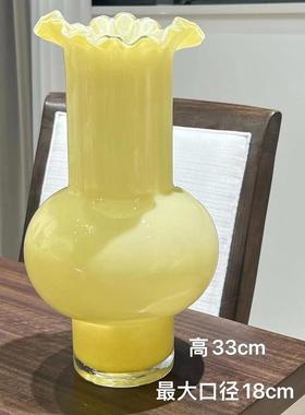 热销碧轩怡露奶玉色复古透清波浪边玻璃花瓶插花家居软装装饰品新