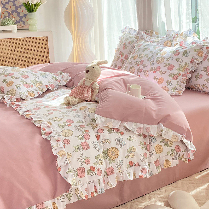 韩式双层纱纯棉床裙款四件套全棉床单被套罩床笠学生宿舍3三件套4,淘宝优惠券,粉丝福利购,淘宝优惠卷