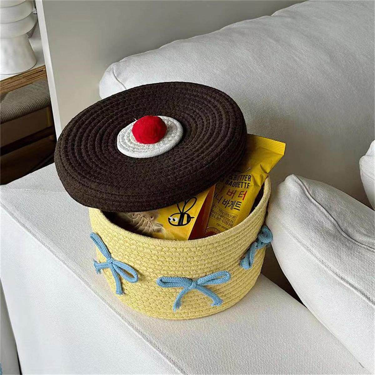 可爱布丁线编织收纳筐家用卧室带盖防尘桌面收纳篮摆件收纳盒,淘宝优惠券,粉丝福利购,淘宝优惠卷