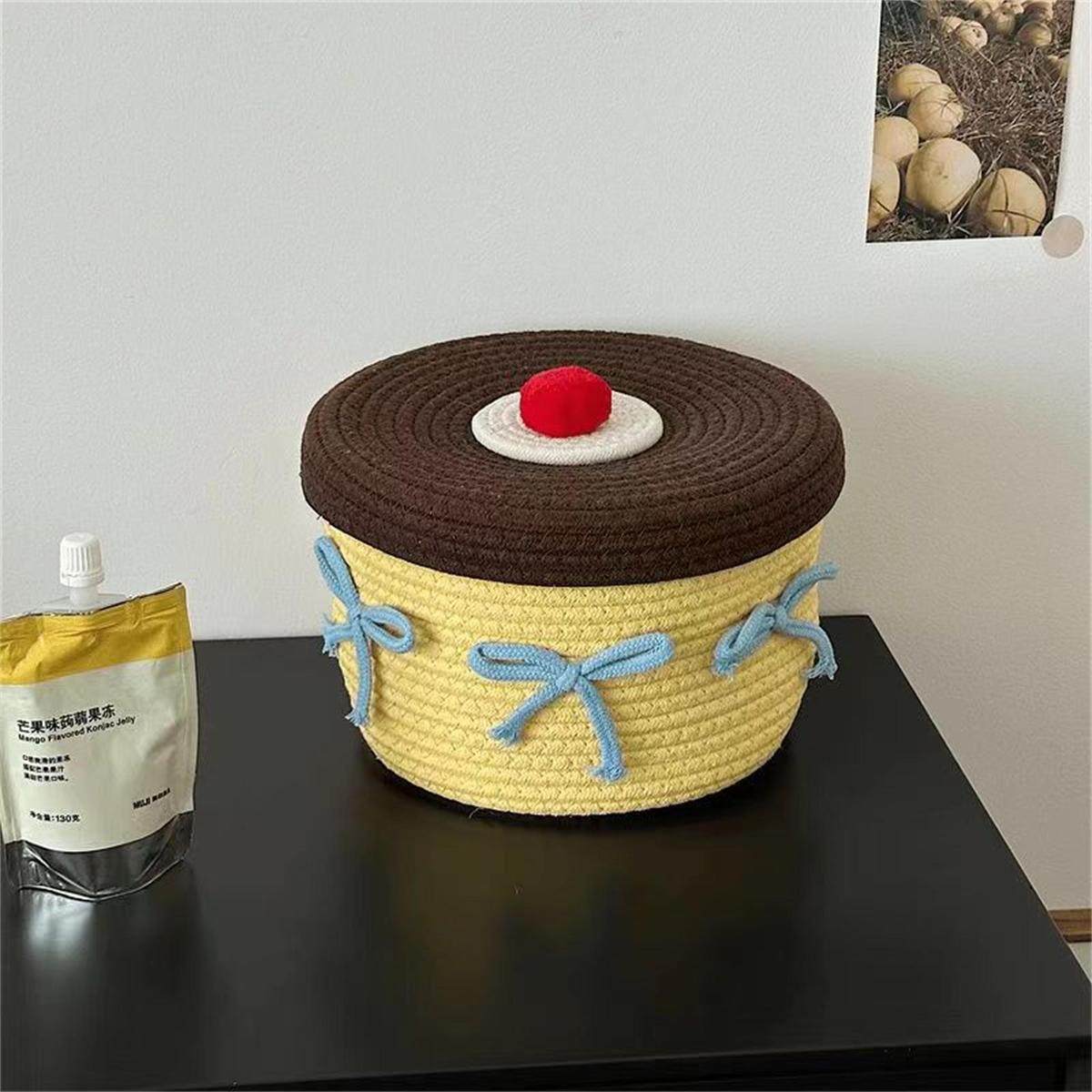 可爱布丁线编织收纳筐家用卧室带盖防尘桌面收纳篮摆件收纳盒,淘宝优惠券,粉丝福利购,淘宝优惠卷