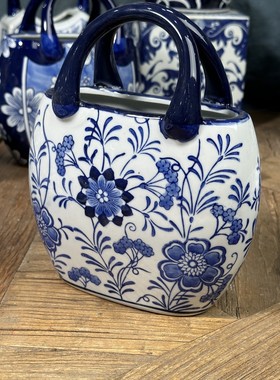 陶瓷国风青花手绘花瓶花篮兔子摆件花卉餐盘果碗汤碗奶壶托盘烛台