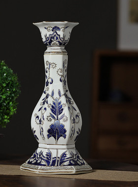 青花瓷烛台古典烛台摆件中式家居桌面香插陶瓷陶瓷茶道复古摆件