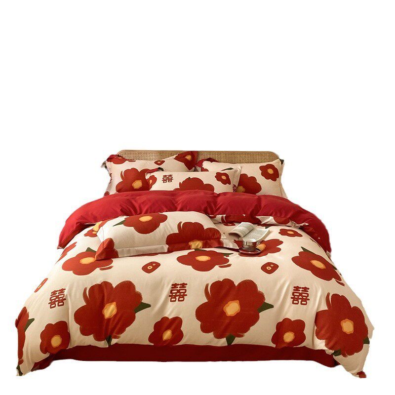 新婚庆四件套大红全棉印花套床单笠婚房陪嫁床上用品,淘宝优惠券,粉丝福利购,淘宝优惠卷