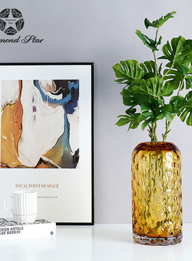 热销钻石星琥珀色玻璃花瓶批发高级感轻奢水培干花插花摆件器艺术